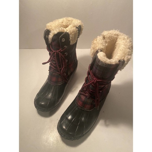 STEVIES by Steve Madden Fur Trim Winter Snow Boots SZ 6 Purple Plaid Steel Shank - Picture 1 of 8